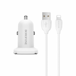 Incarcator Auto 2.4A cu 2 Porturi USB + Cablu Lightning (Alb) Borofone Munificient BZ12