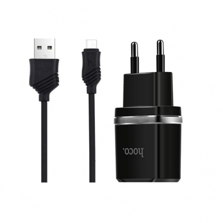 Incarcator 2.4A cu 2 Porturi USB + Cablu MicroUSB (Negru) C12 HOCO