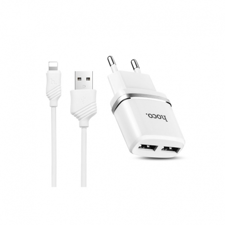 Incarcator 2.4A cu 2 Porturi USB + Cablu Lightning (Alb) C12 HOCO